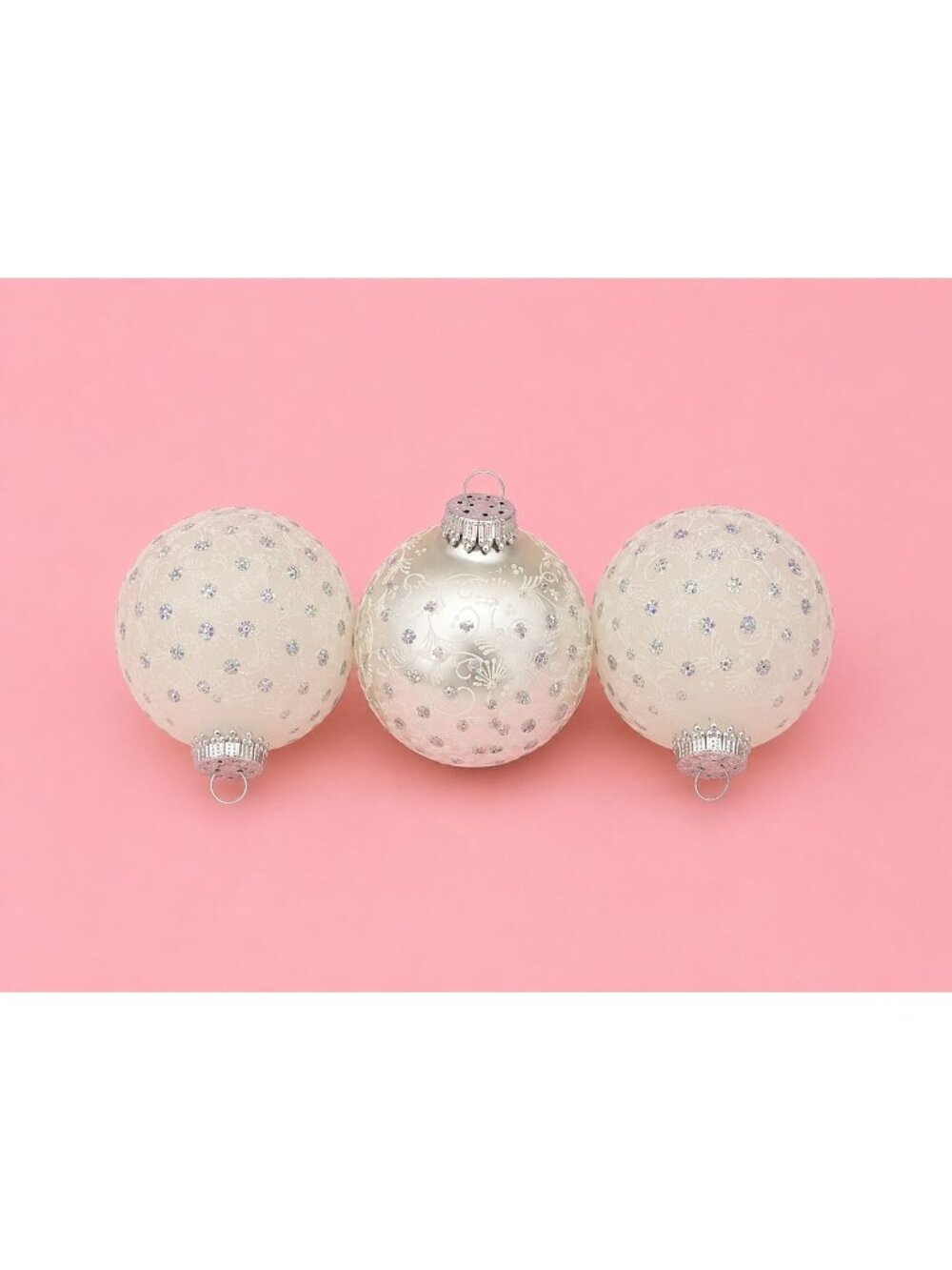 3 Vintage Classic Christmas Ornament Balls, White Frosted Silver